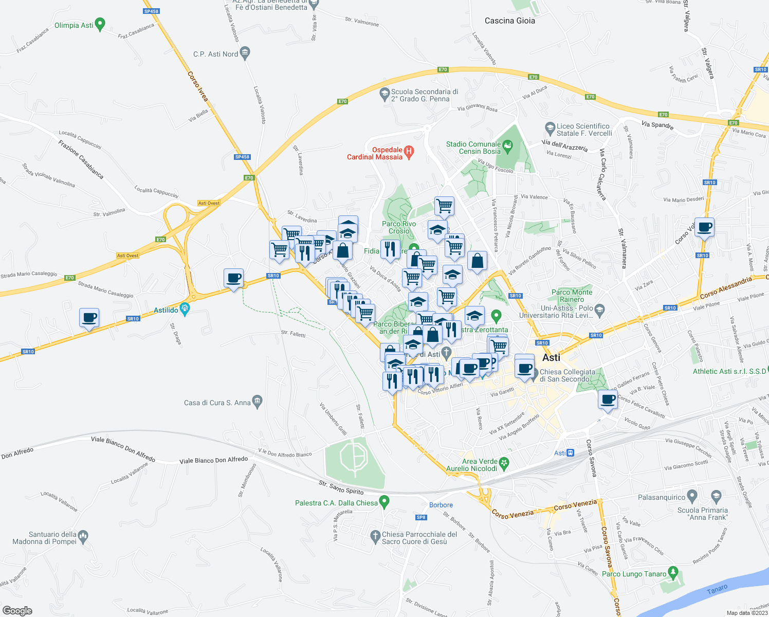 map of restaurants, bars, coffee shops, grocery stores, and more near 1 Via Morando Silvio in Asti