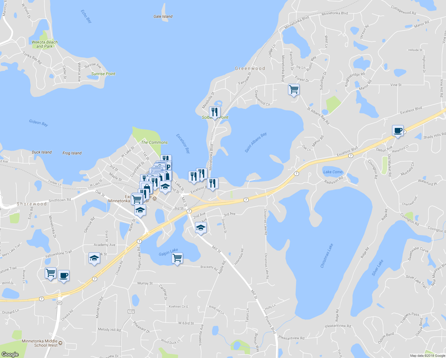 map of restaurants, bars, coffee shops, grocery stores, and more near 805 Hidden Lane in Excelsior