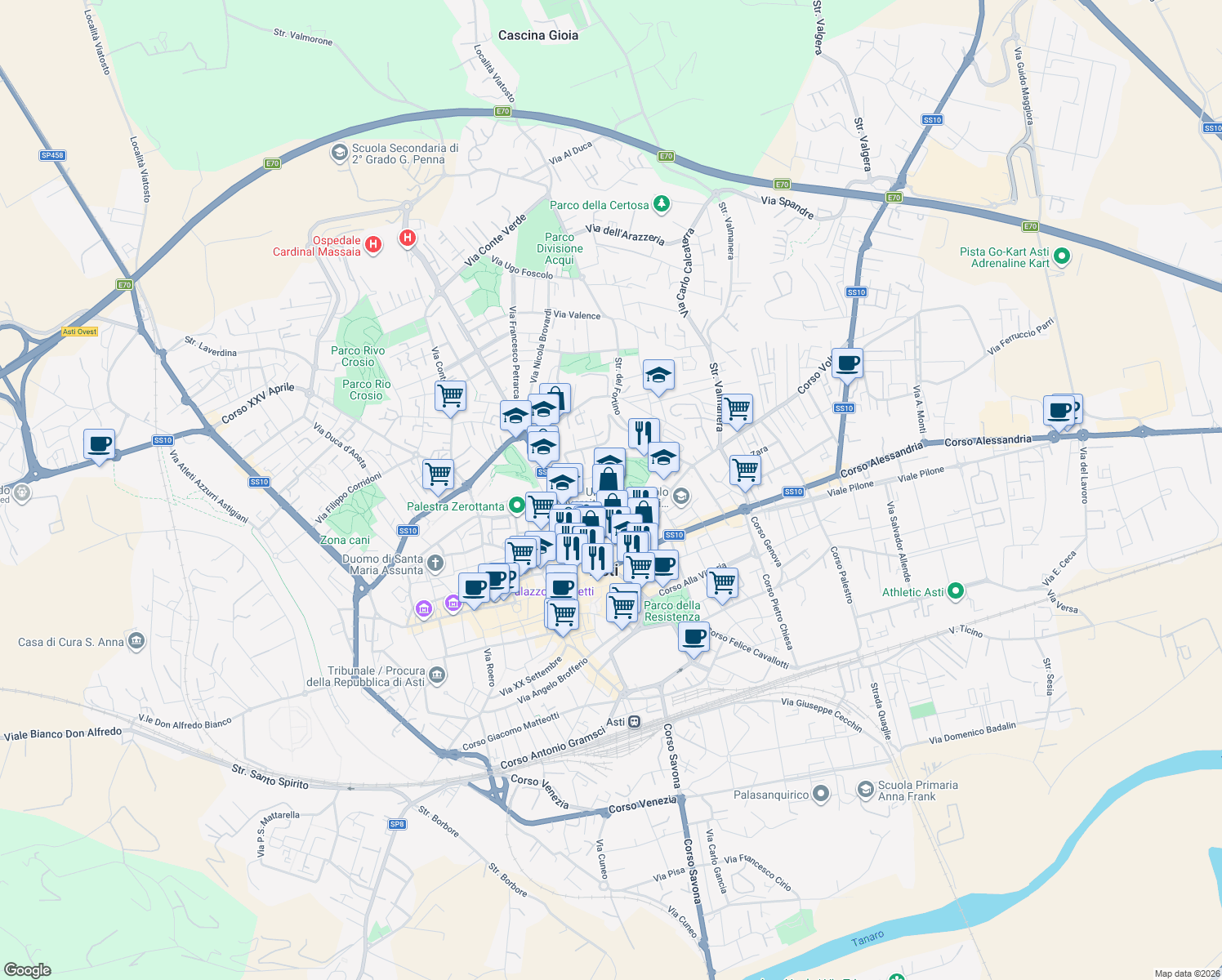 map of restaurants, bars, coffee shops, grocery stores, and more near 42 Via Giuseppe Romita in Asti