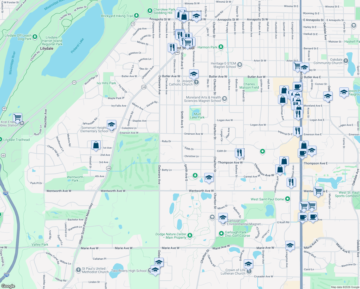 map of restaurants, bars, coffee shops, grocery stores, and more near 1403 Smith Avenue South in Saint Paul