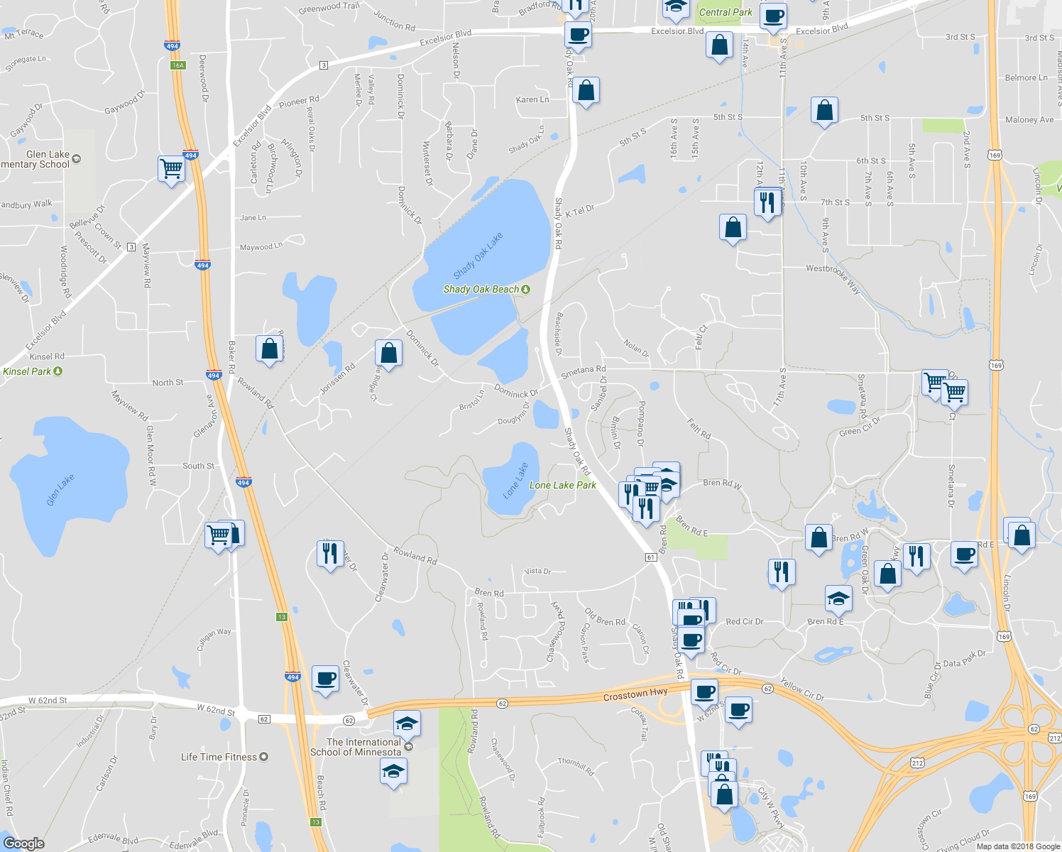 map of restaurants, bars, coffee shops, grocery stores, and more near 11801 Douglynn Drive in Hopkins
