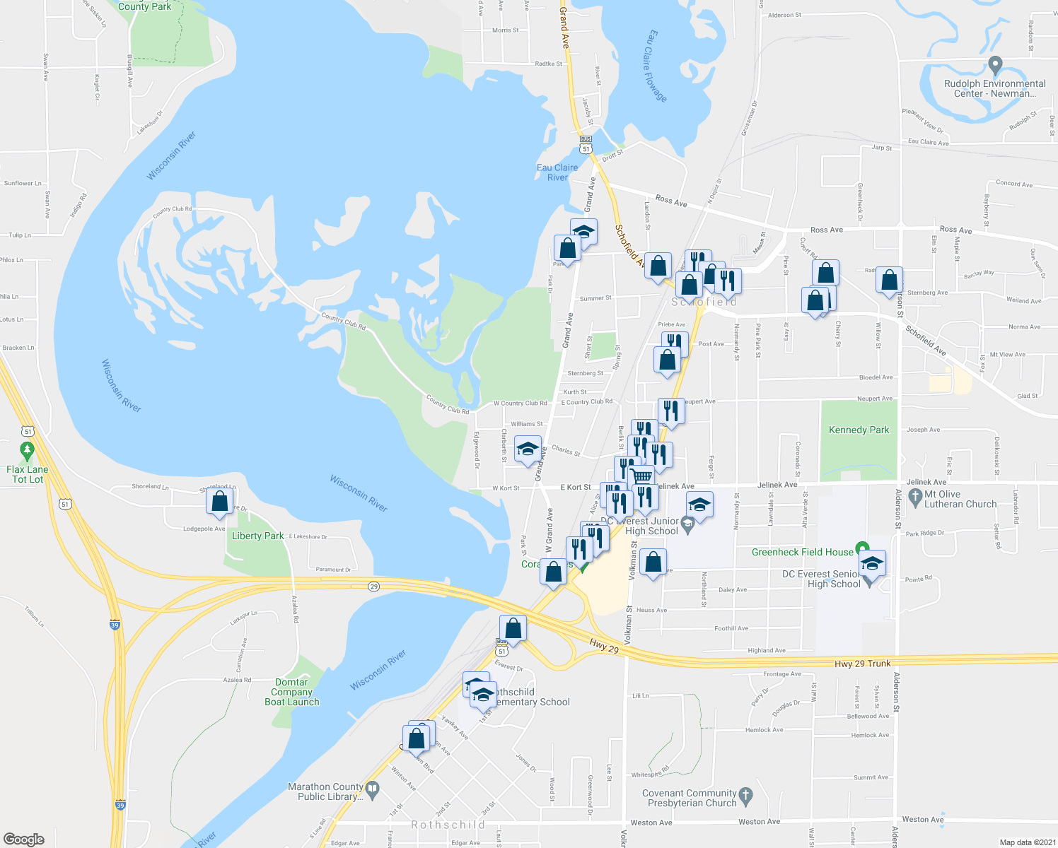 map of restaurants, bars, coffee shops, grocery stores, and more near Williams Street in Schofield