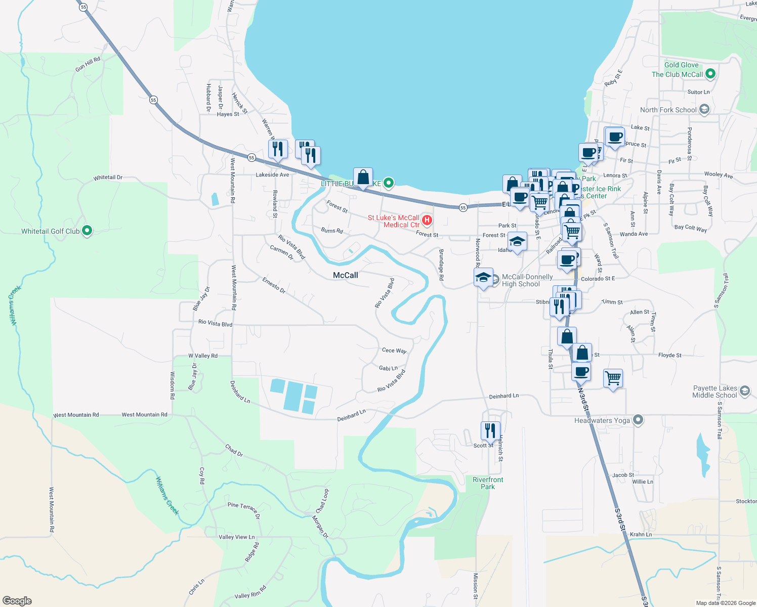 map of restaurants, bars, coffee shops, grocery stores, and more near 370 Rio Vista Blvd in McCall