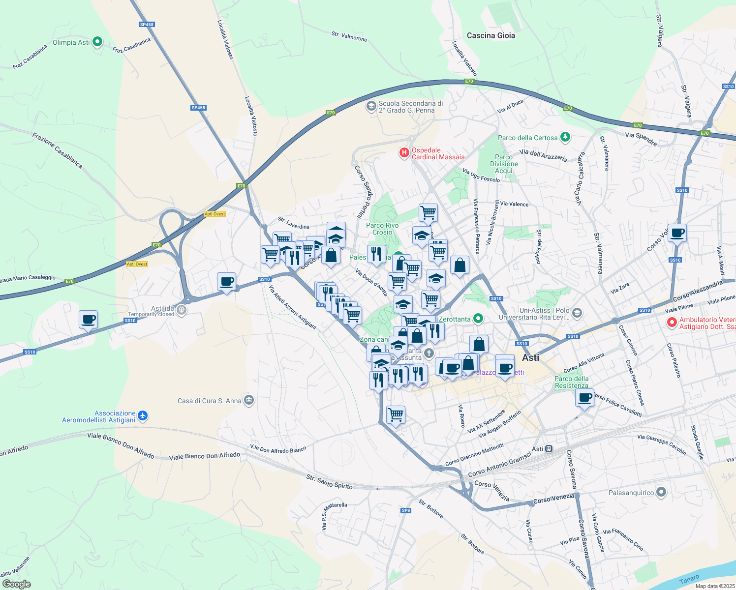 map of restaurants, bars, coffee shops, grocery stores, and more near 1 Via Morando Silvio in Asti