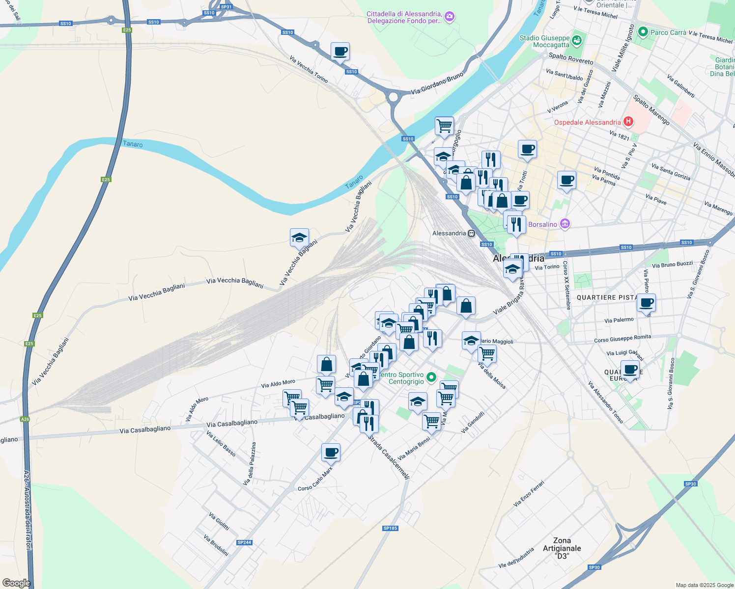 map of restaurants, bars, coffee shops, grocery stores, and more near 74 Via Giovanni Scazzola in Alessandria