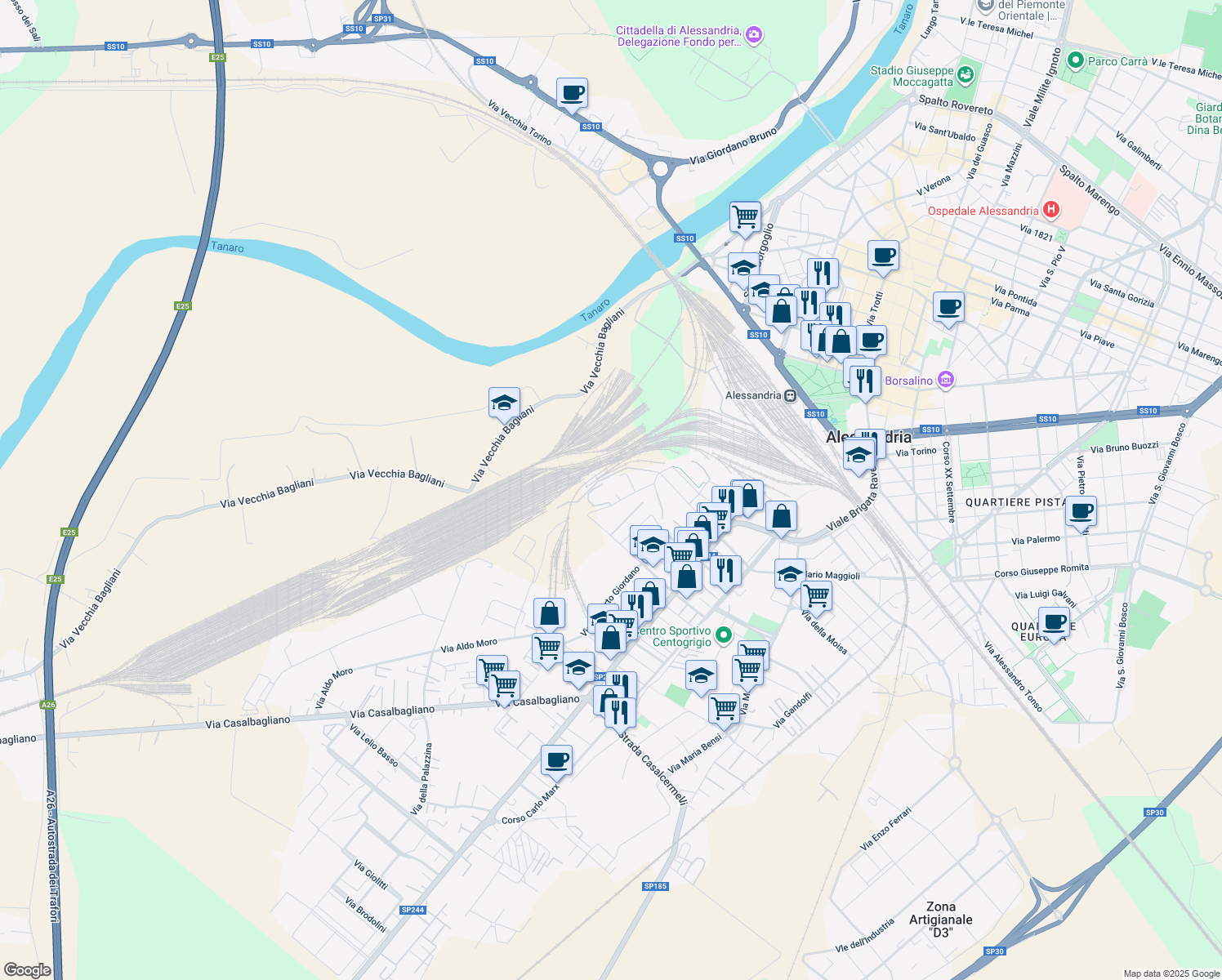 map of restaurants, bars, coffee shops, grocery stores, and more near 74 Via Giovanni Scazzola in Alessandria