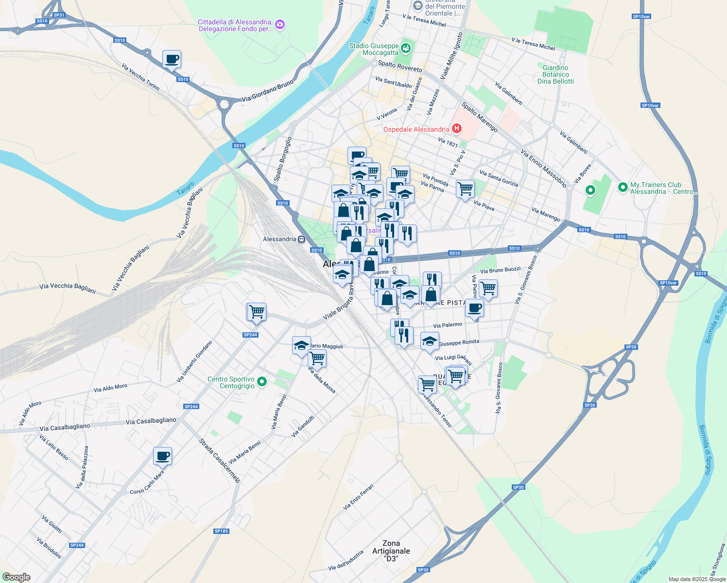 map of restaurants, bars, coffee shops, grocery stores, and more near 9 Via Aspromonte in Alessandria