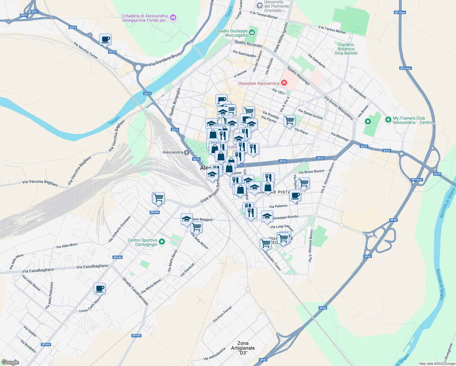 map of restaurants, bars, coffee shops, grocery stores, and more near 9 Via Aspromonte in Alessandria