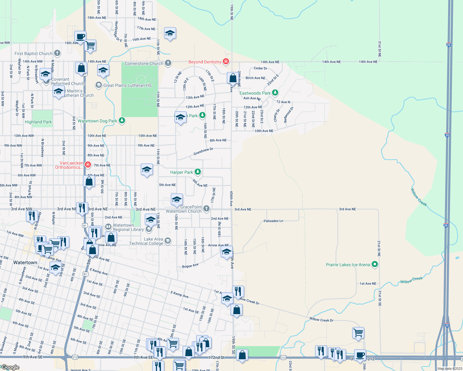 map of restaurants, bars, coffee shops, grocery stores, and more near 1899 6th Ave NE in Watertown