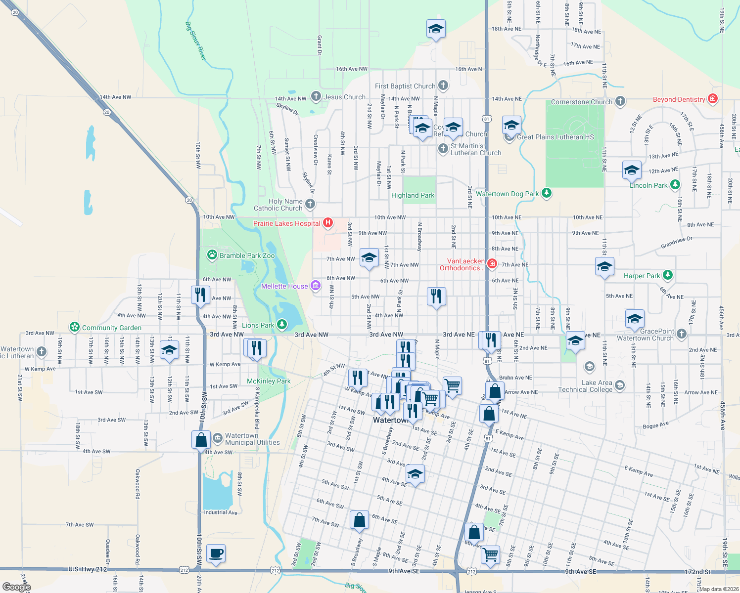 map of restaurants, bars, coffee shops, grocery stores, and more near 198 5th Ave NW in Watertown