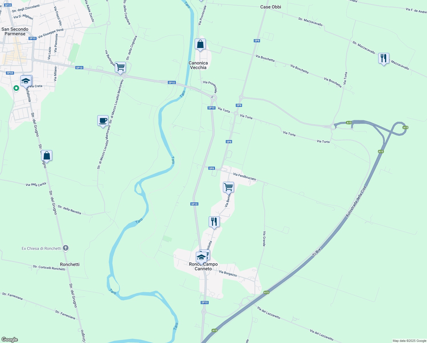 map of restaurants, bars, coffee shops, grocery stores, and more near 2 Via Fenilbruciato in Ronco Campo Canneto