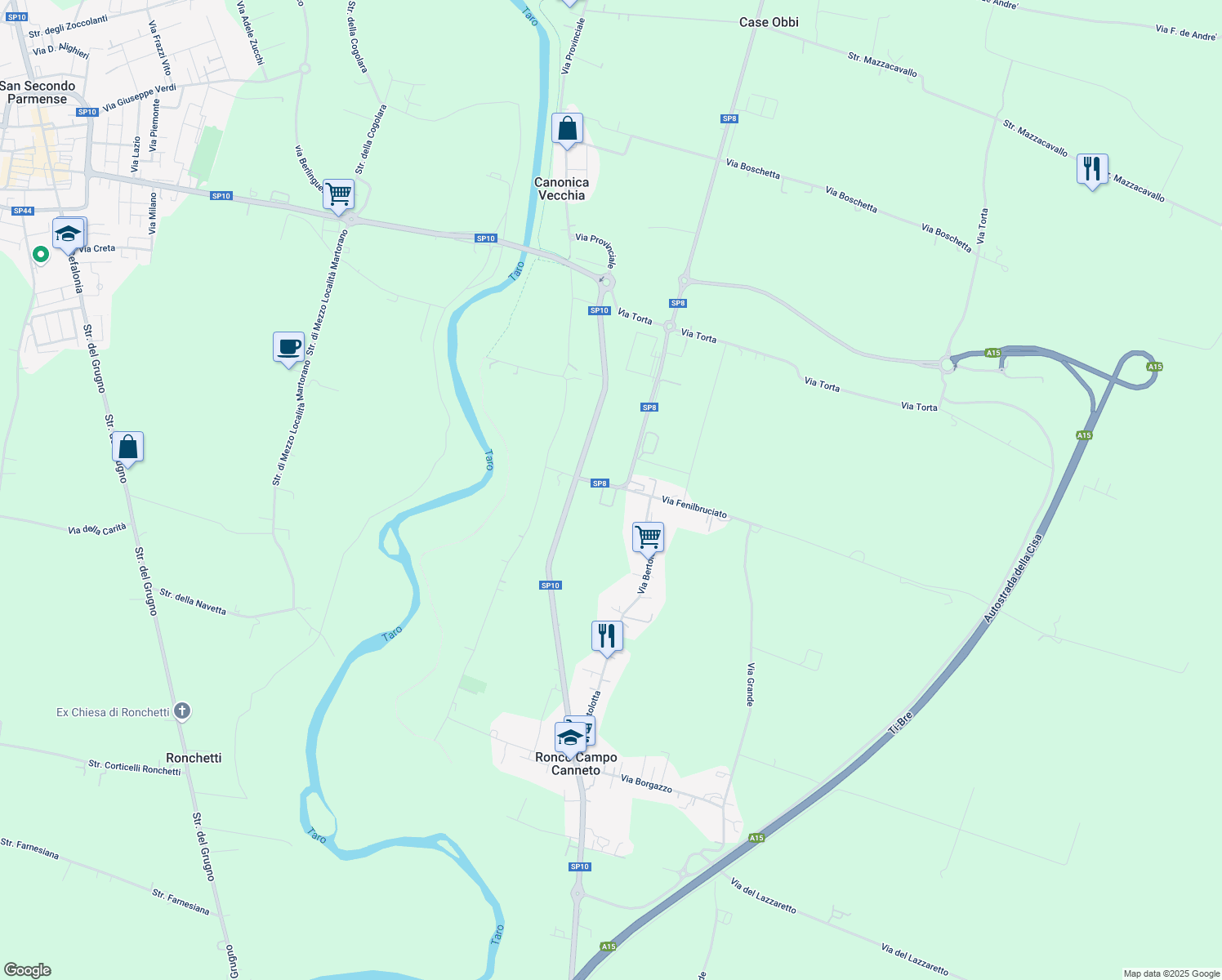 map of restaurants, bars, coffee shops, grocery stores, and more near 2 Via Fenilbruciato in Ronco Campo Canneto