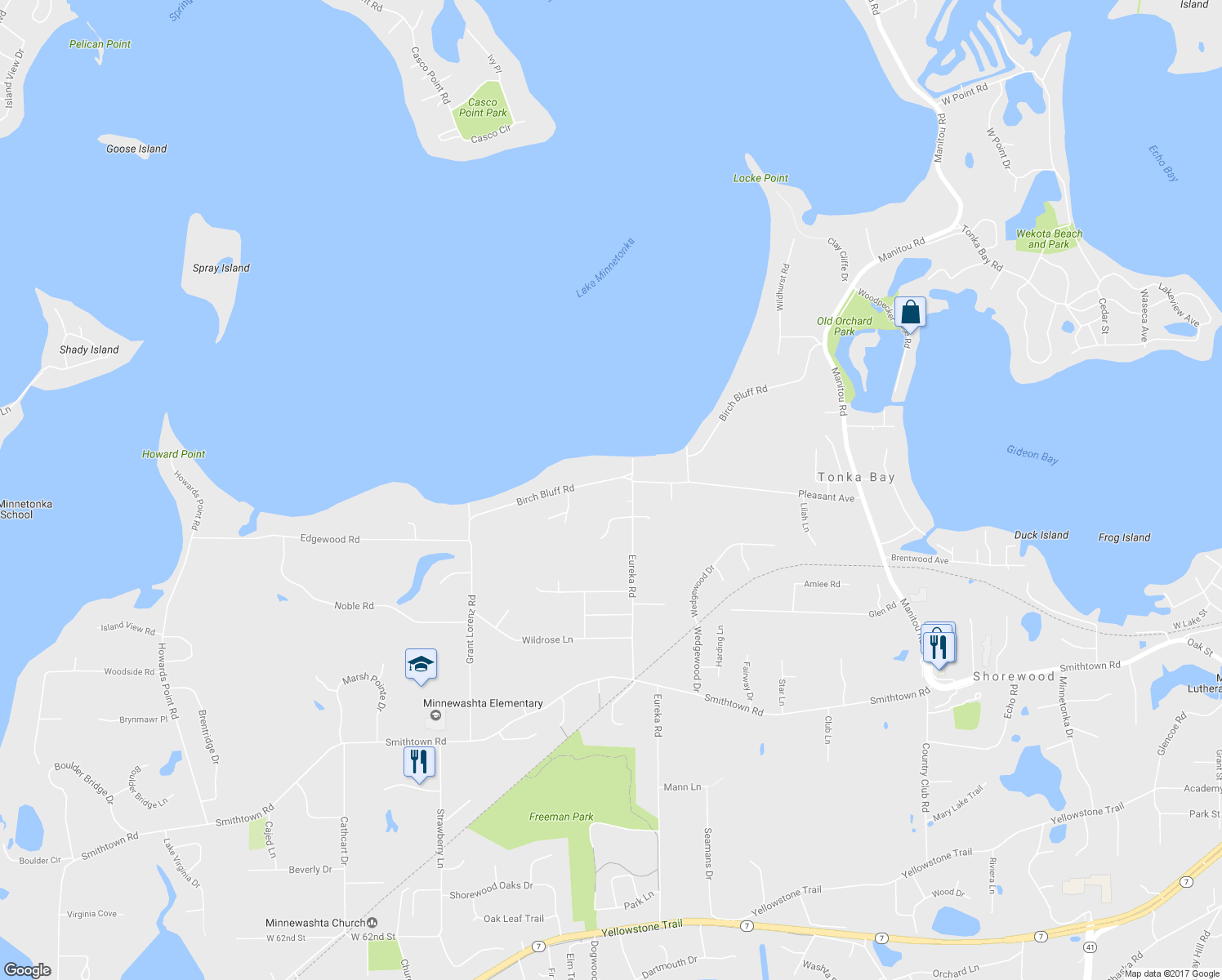 map of restaurants, bars, coffee shops, grocery stores, and more near 25695 Birch Bluff Road in Excelsior