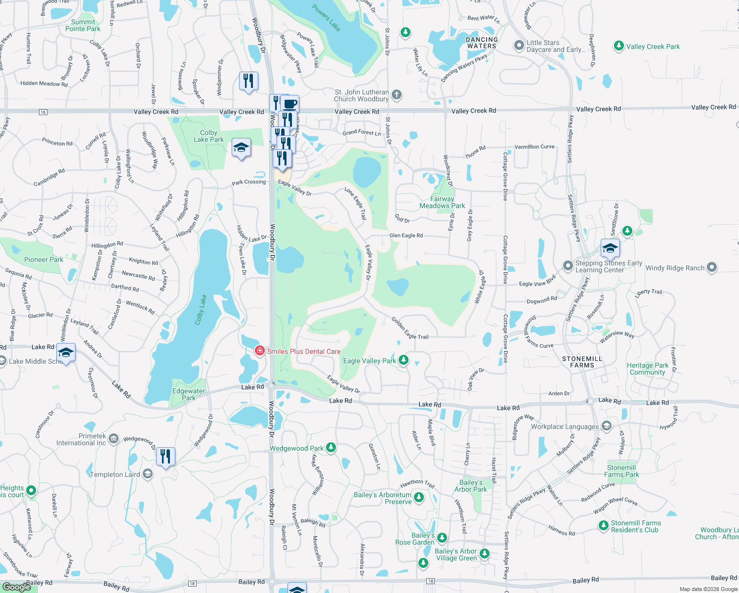 map of restaurants, bars, coffee shops, grocery stores, and more near 2641 Eagle Valley Drive in Woodbury