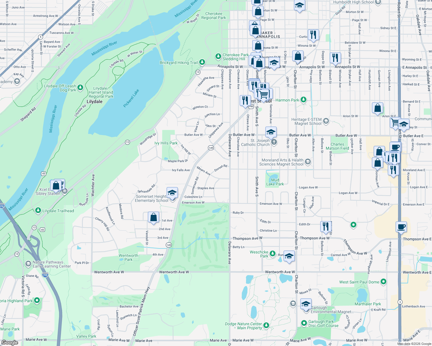map of restaurants, bars, coffee shops, grocery stores, and more near 6 Dorset Road in Mendota Heights