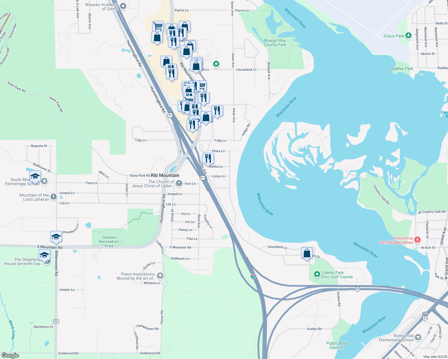 map of restaurants, bars, coffee shops, grocery stores, and more near 905 Lotus Lane in Wausau