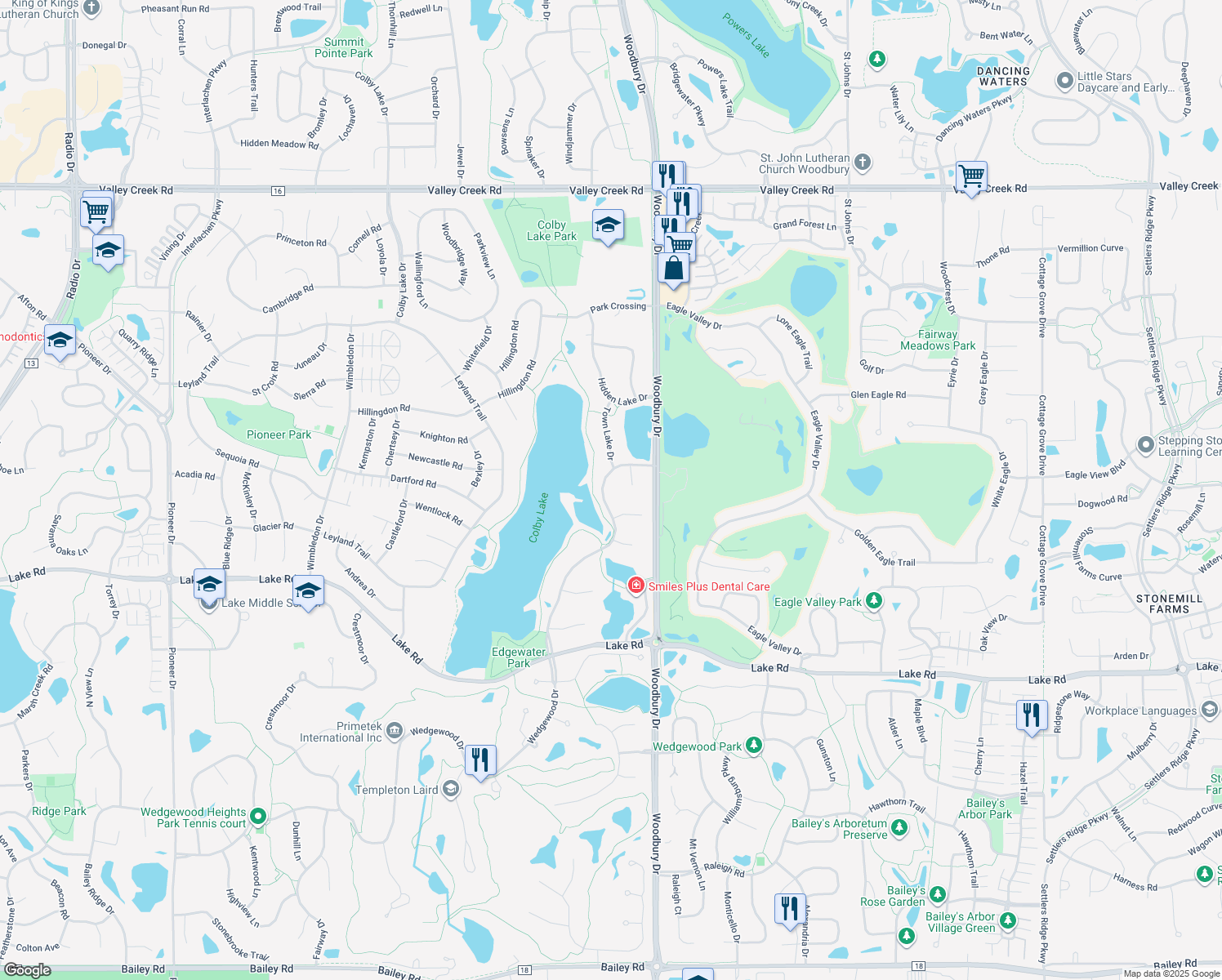 map of restaurants, bars, coffee shops, grocery stores, and more near 2773 Edgewater Drive in Woodbury