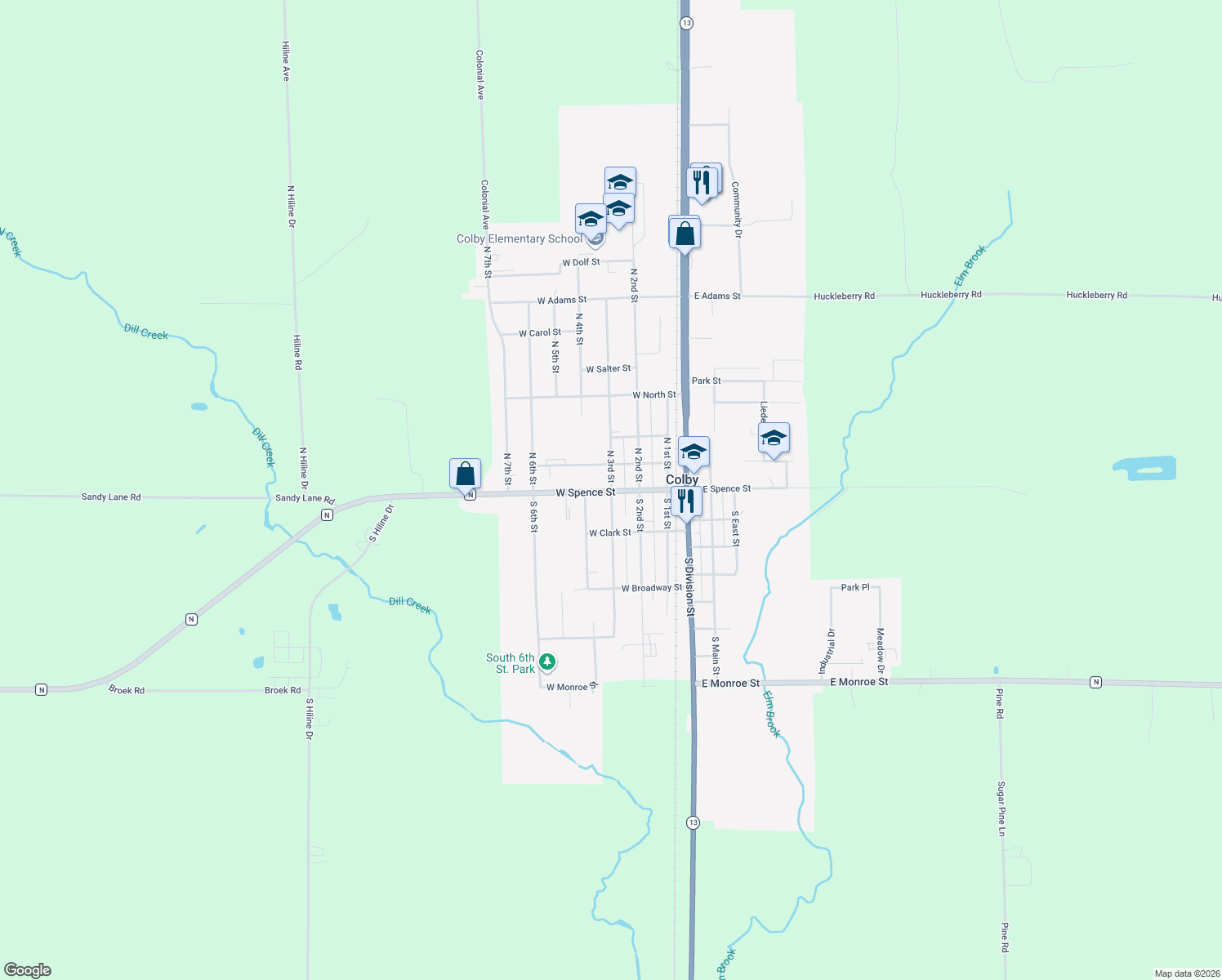 map of restaurants, bars, coffee shops, grocery stores, and more near 105 North 3rd Street in Colby