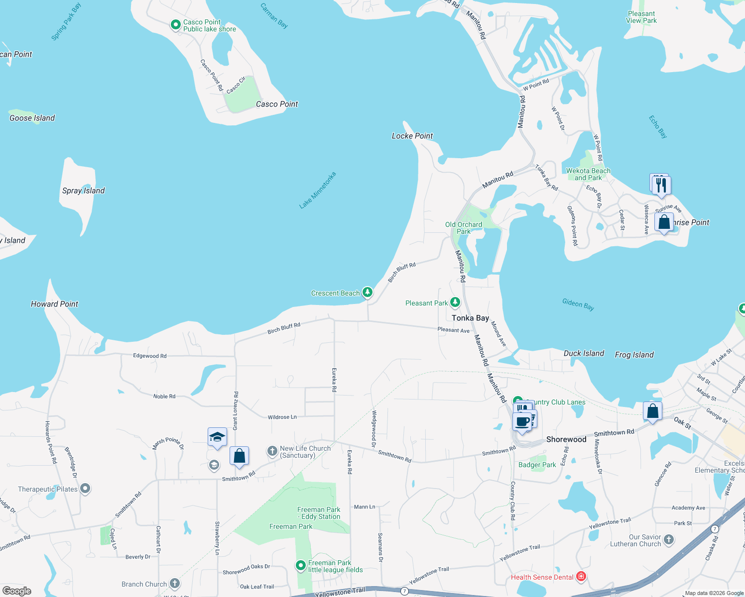 map of restaurants, bars, coffee shops, grocery stores, and more near 230 Birch Bluff Road in Excelsior