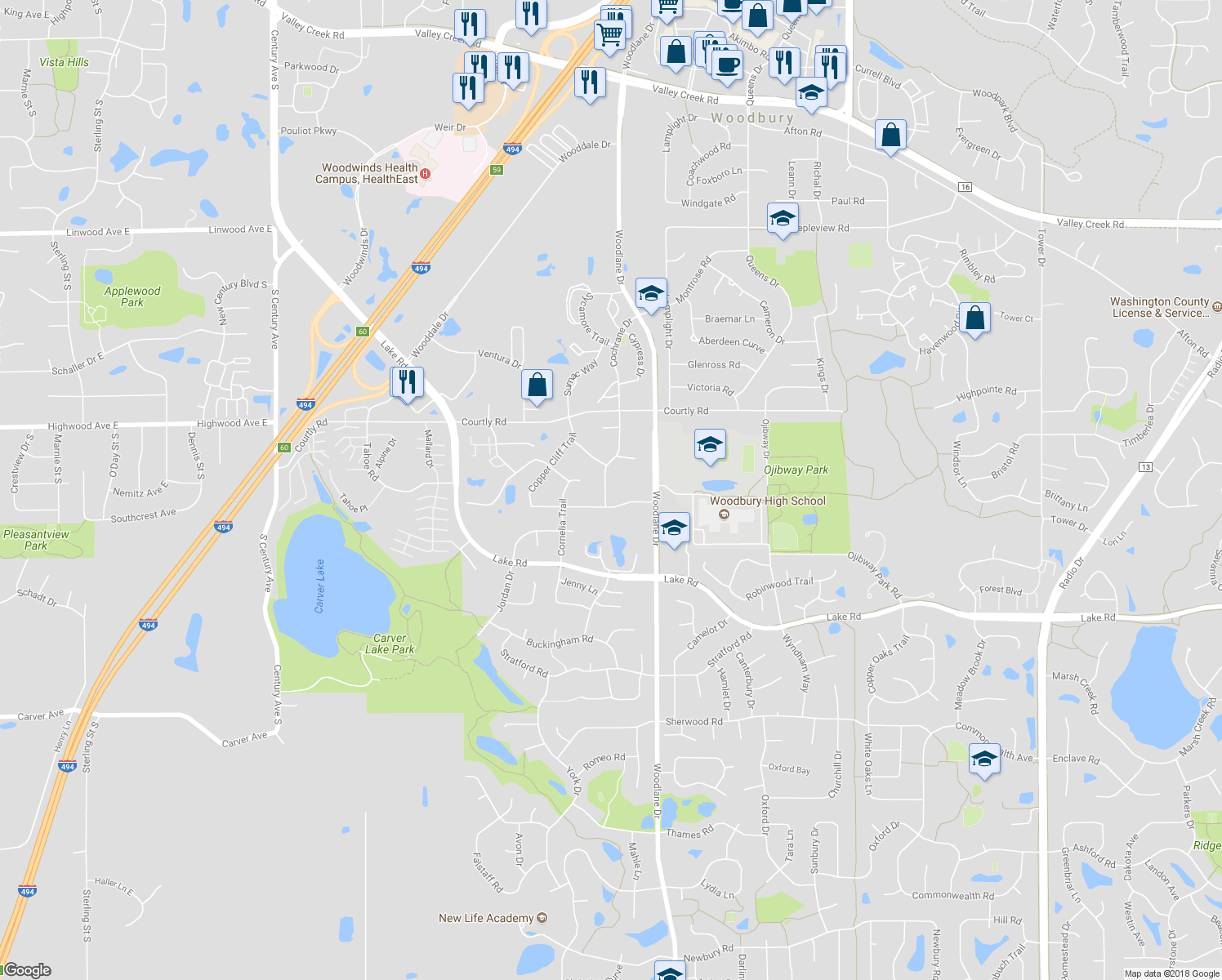 map of restaurants, bars, coffee shops, grocery stores, and more near 2567 Cochrane Drive in Woodbury