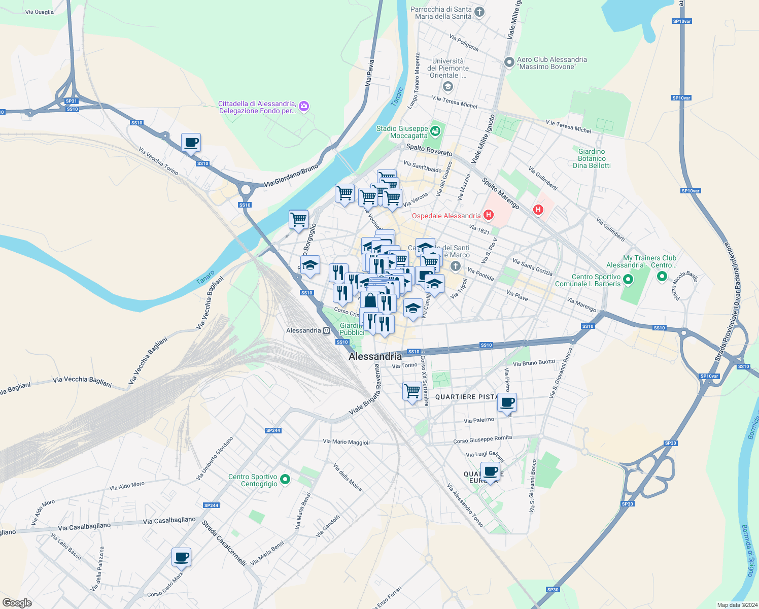 map of restaurants, bars, coffee shops, grocery stores, and more near 114 Corso Roma in Alessandria
