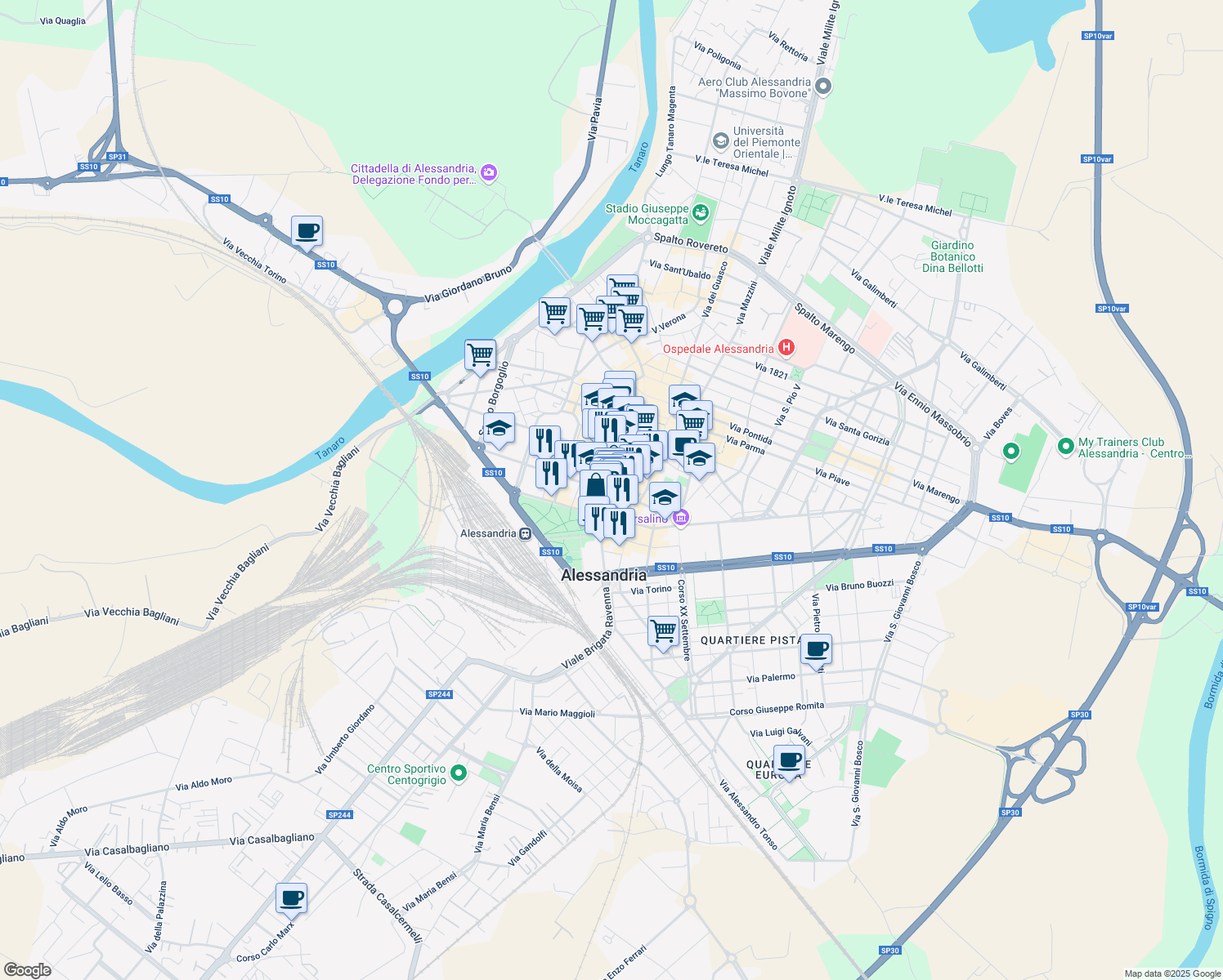 map of restaurants, bars, coffee shops, grocery stores, and more near 114 Corso Roma in Alessandria