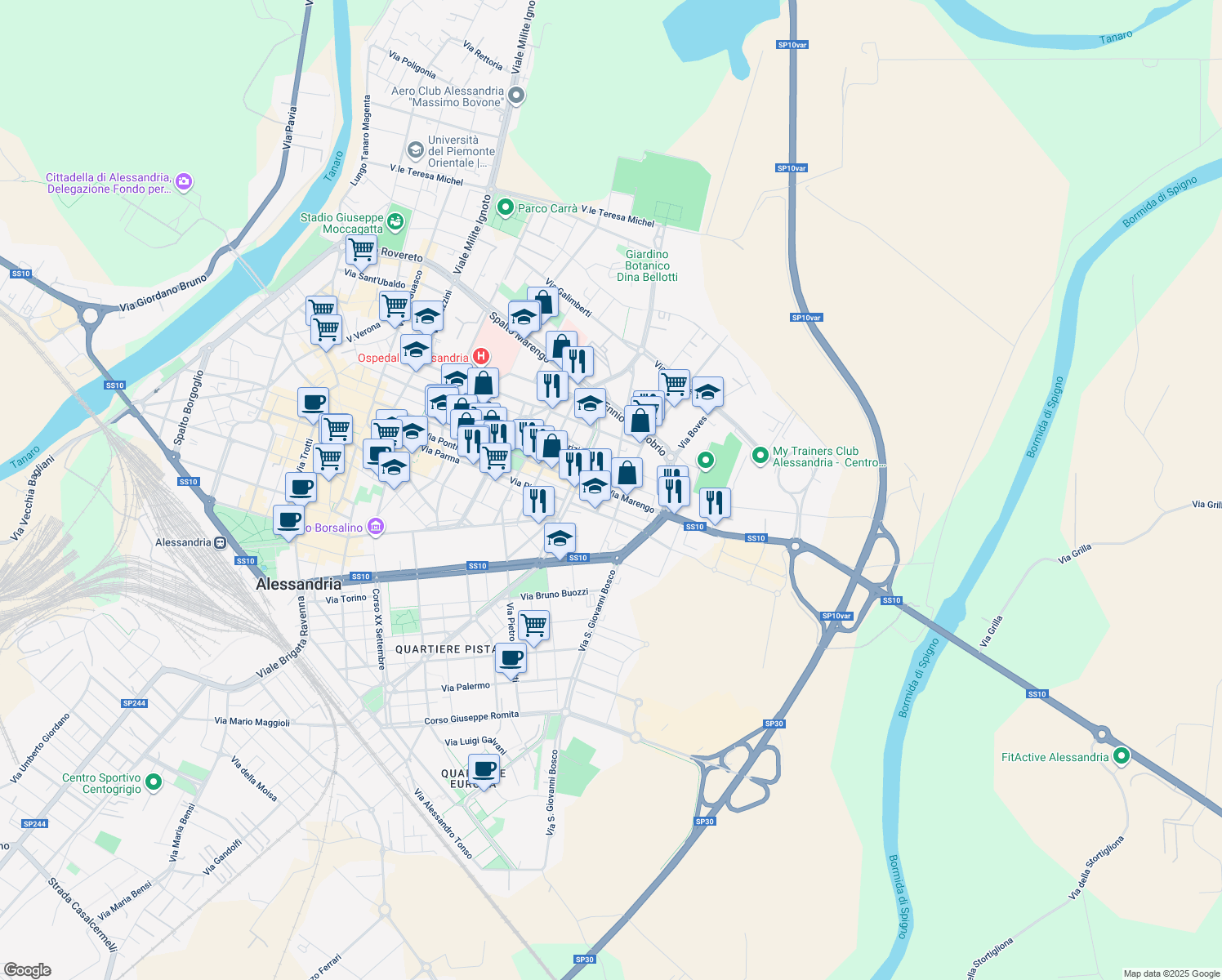 map of restaurants, bars, coffee shops, grocery stores, and more near 18-24 Via Carlo Pisacane in Alessandria