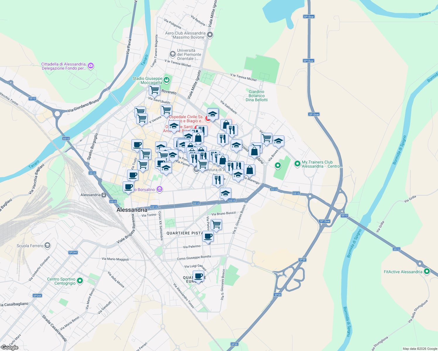 map of restaurants, bars, coffee shops, grocery stores, and more near 27 Via Piave in Alessandria