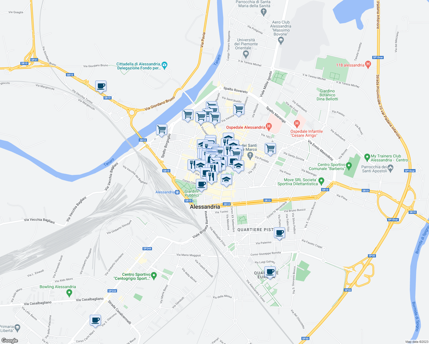 map of restaurants, bars, coffee shops, grocery stores, and more near 32 Via Bergamo in Alessandria