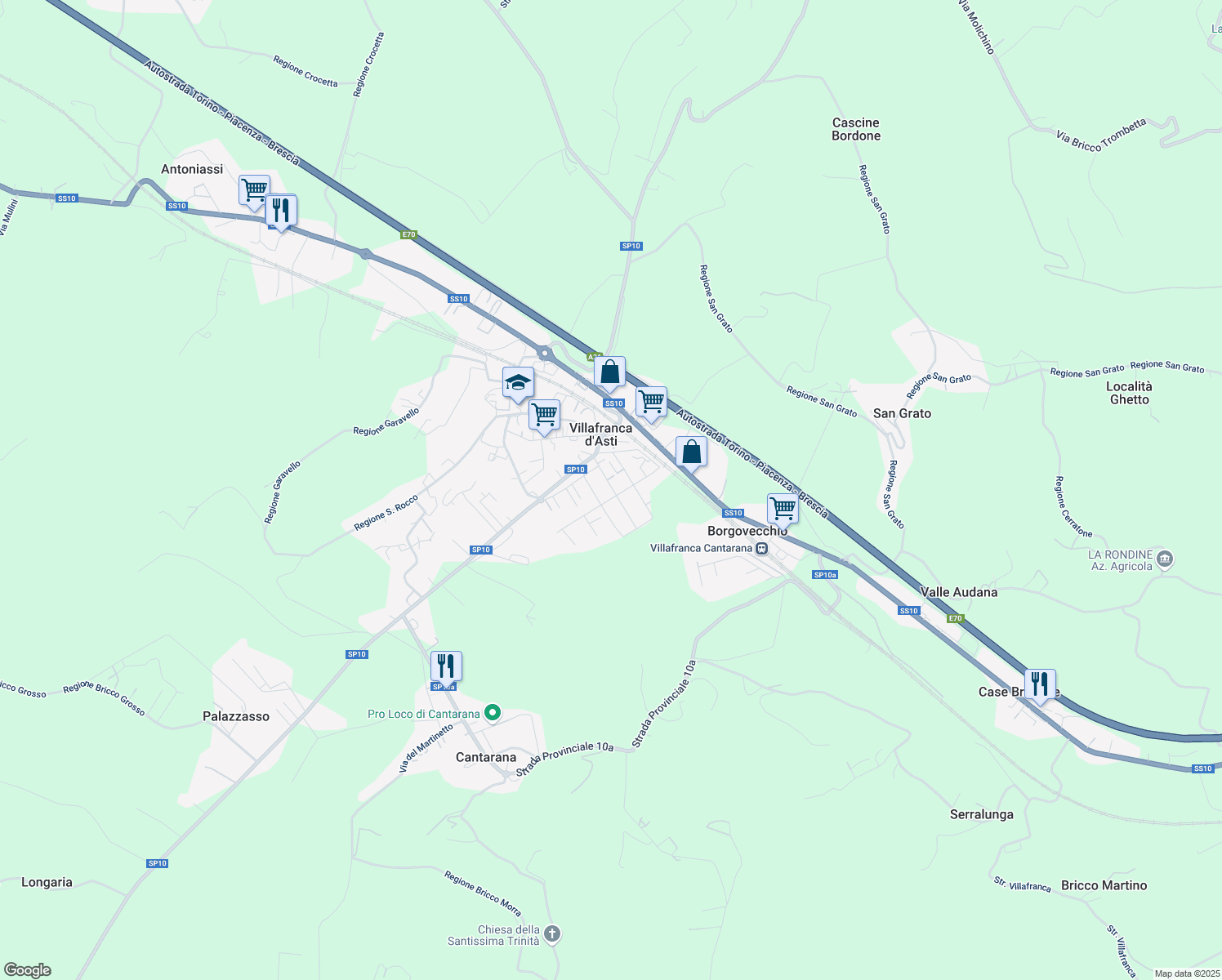 map of restaurants, bars, coffee shops, grocery stores, and more near 14 Via Cavalieri di Vittorio Veneto in Villafranca d'Asti