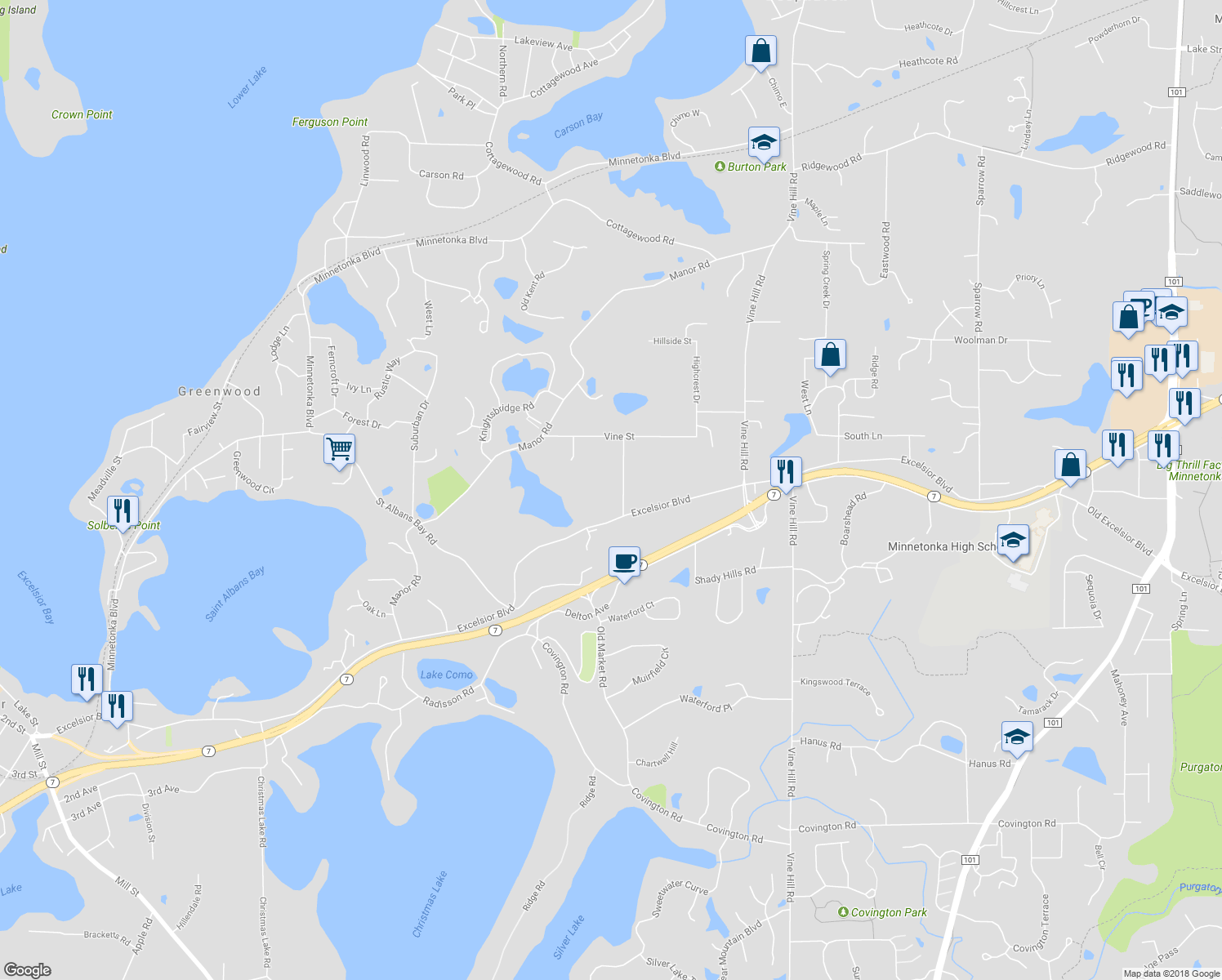map of restaurants, bars, coffee shops, grocery stores, and more near 5120 Hooper Lake Road in Excelsior