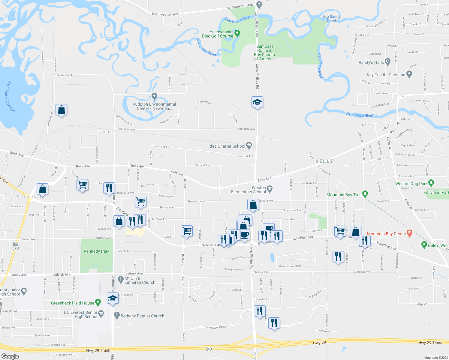 map of restaurants, bars, coffee shops, grocery stores, and more near 5011 Aspen Street in Schofield