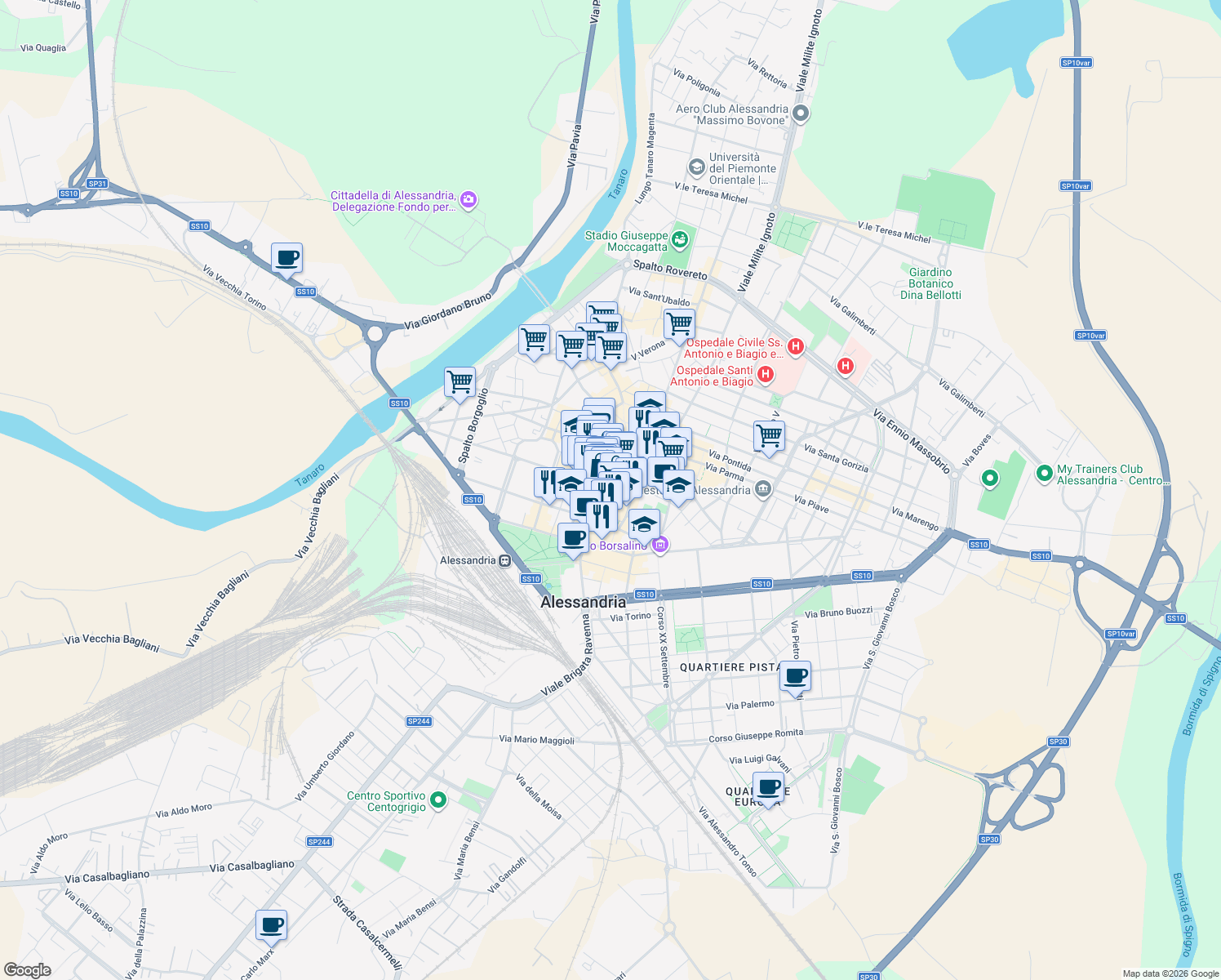 map of restaurants, bars, coffee shops, grocery stores, and more near 32 Via Bergamo in Alessandria