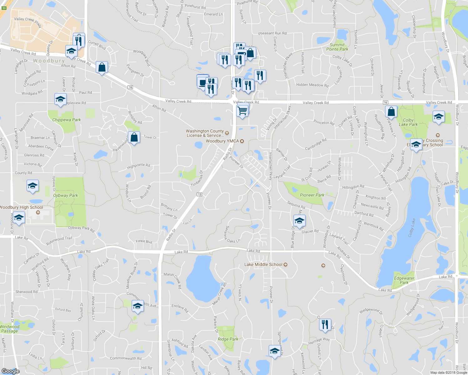 map of restaurants, bars, coffee shops, grocery stores, and more near 2521 Prairie Oak Trail in Woodbury