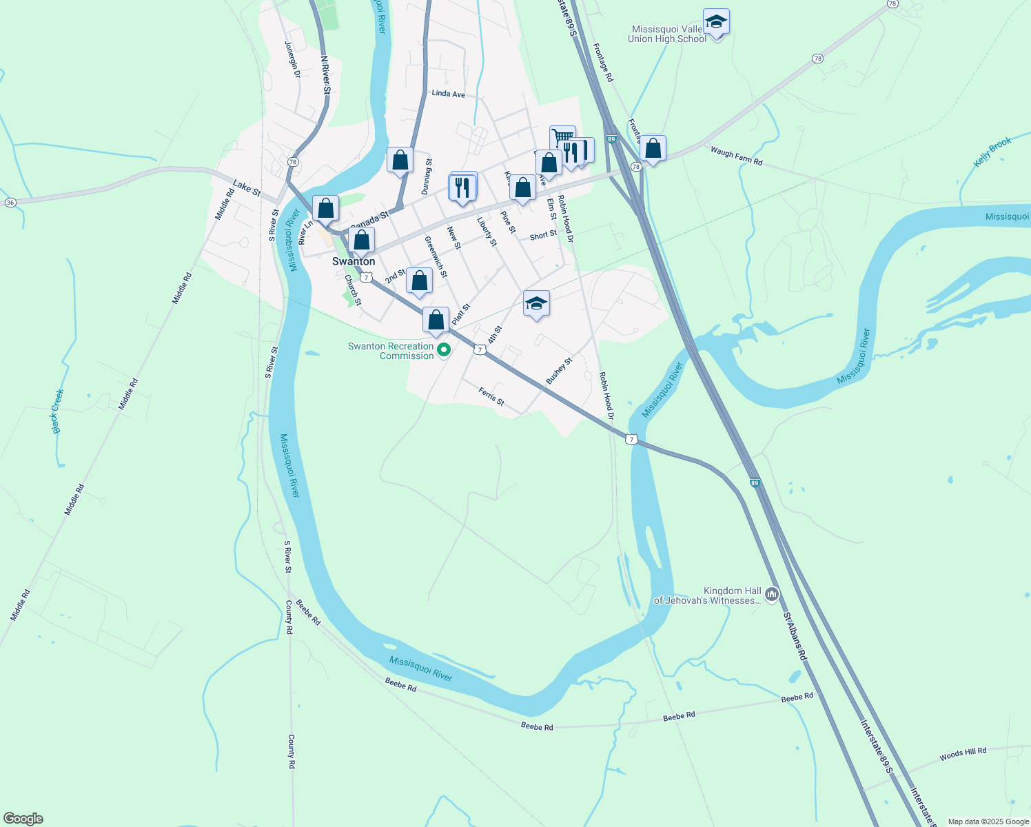 map of restaurants, bars, coffee shops, grocery stores, and more near 30 Ferris St in Swanton