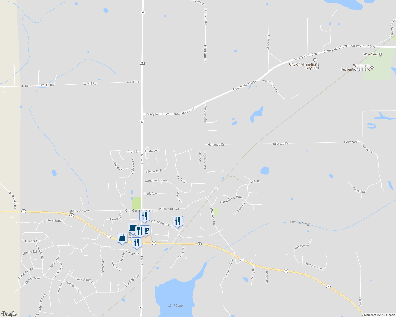 map of restaurants, bars, coffee shops, grocery stores, and more near 3630 Reed Road in Saint Bonifacius