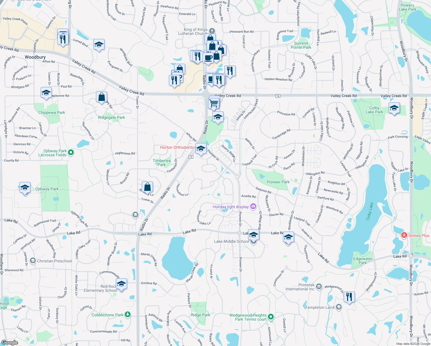 map of restaurants, bars, coffee shops, grocery stores, and more near 2507 Prairie Oak Trail in Woodbury