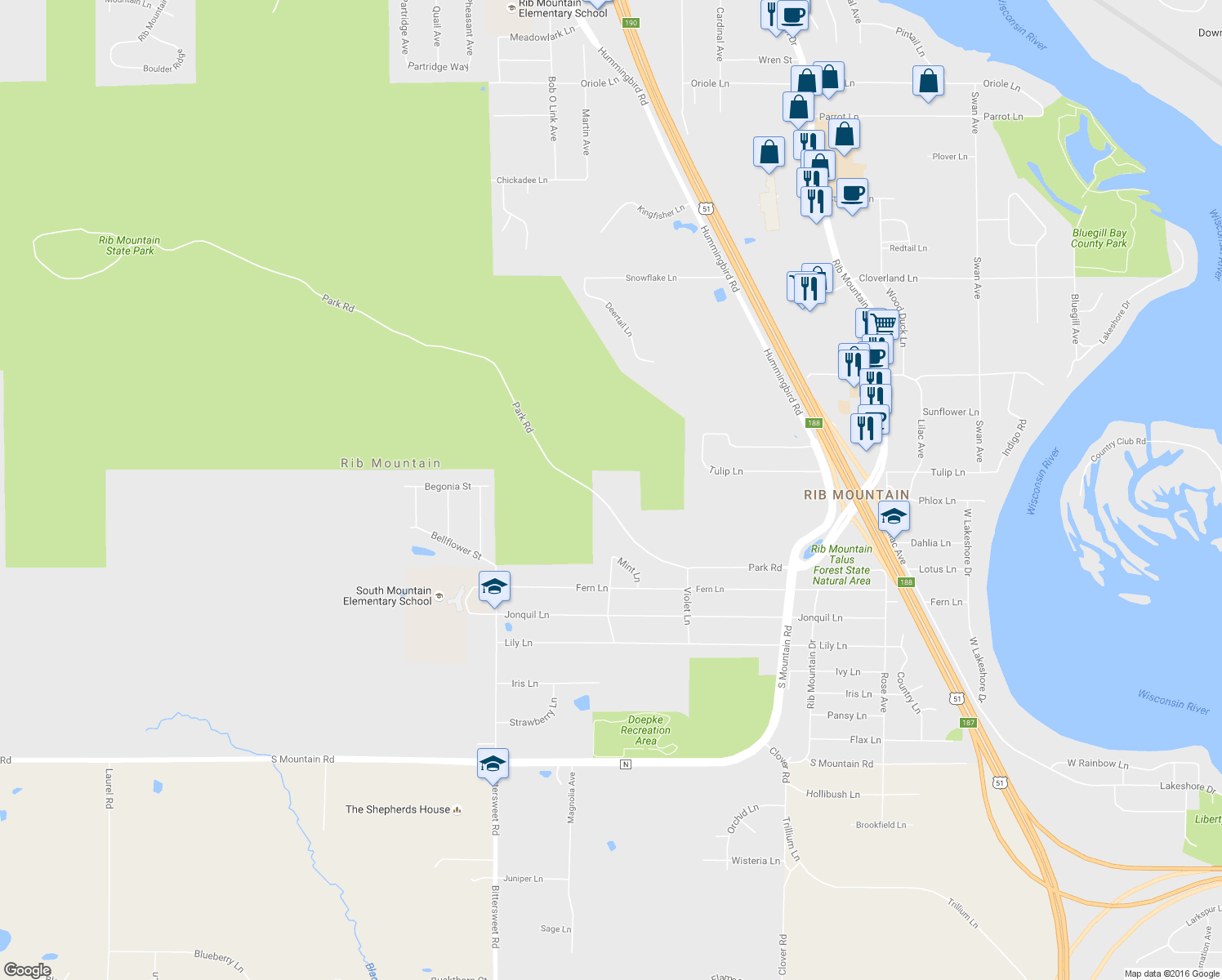 map of restaurants, bars, coffee shops, grocery stores, and more near 2302 Park Rd in Wausau