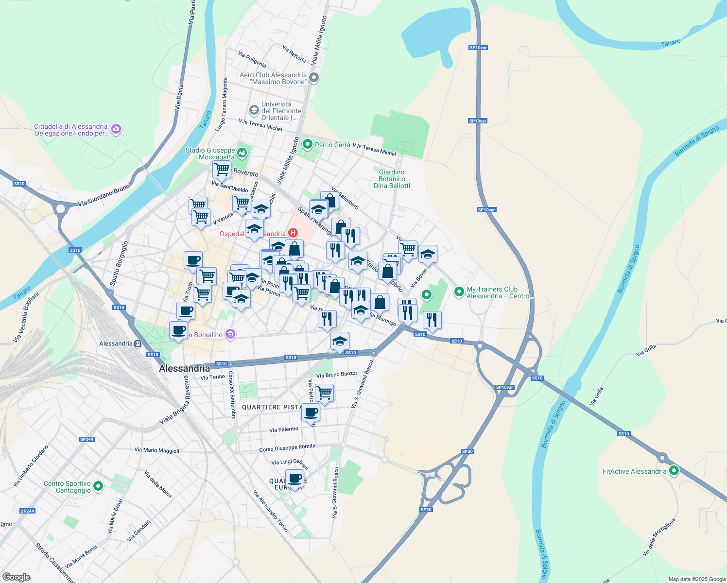 map of restaurants, bars, coffee shops, grocery stores, and more near 24 Via Carlo Pisacane in Alessandria
