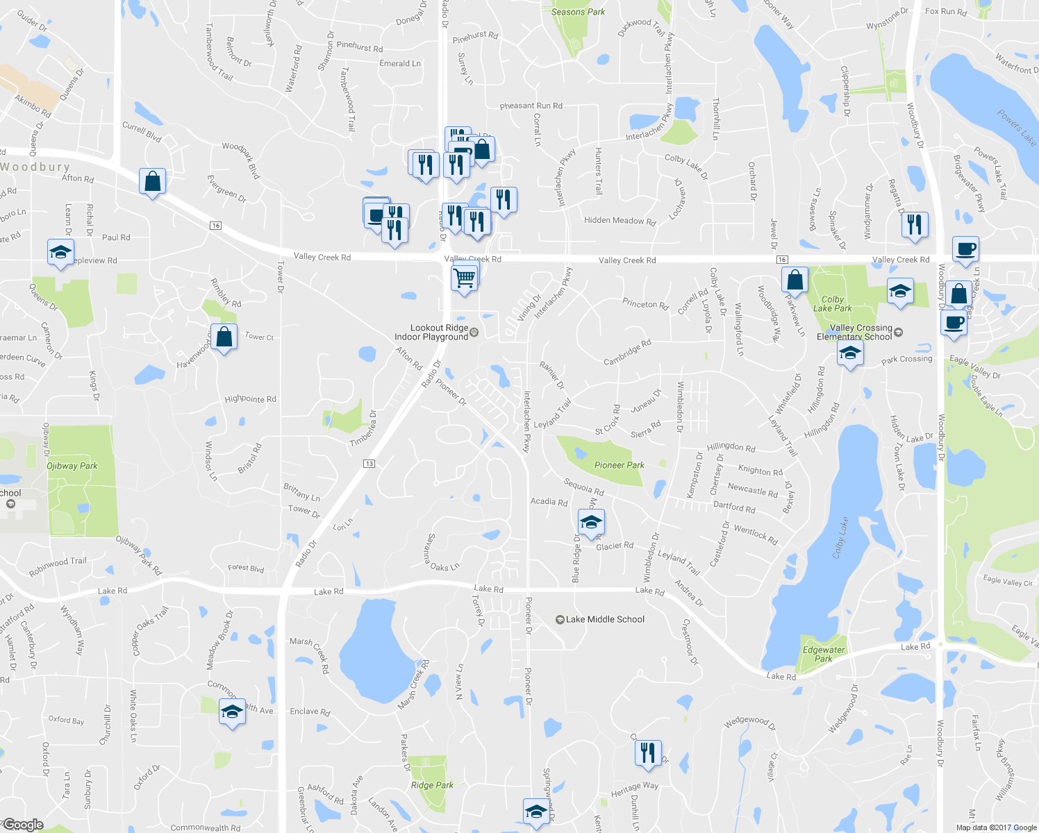 map of restaurants, bars, coffee shops, grocery stores, and more near 8718 Quarry Ridge Lane in Woodbury