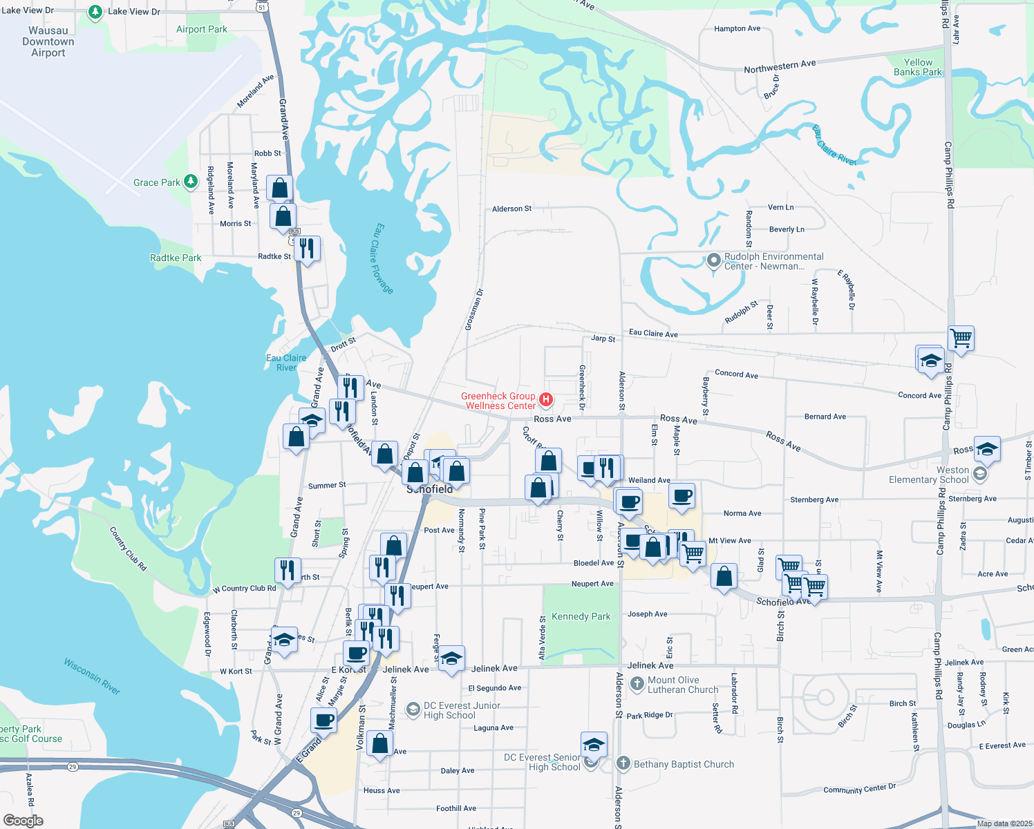 map of restaurants, bars, coffee shops, grocery stores, and more near 1135 Pine St in Schofield
