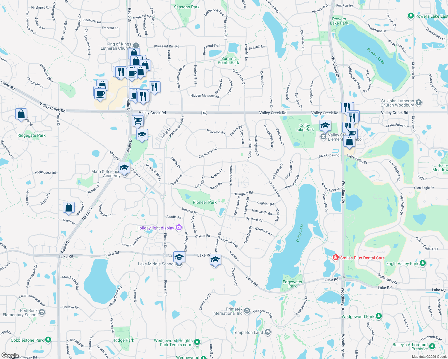 map of restaurants, bars, coffee shops, grocery stores, and more near 9190 Sierra Road in Woodbury