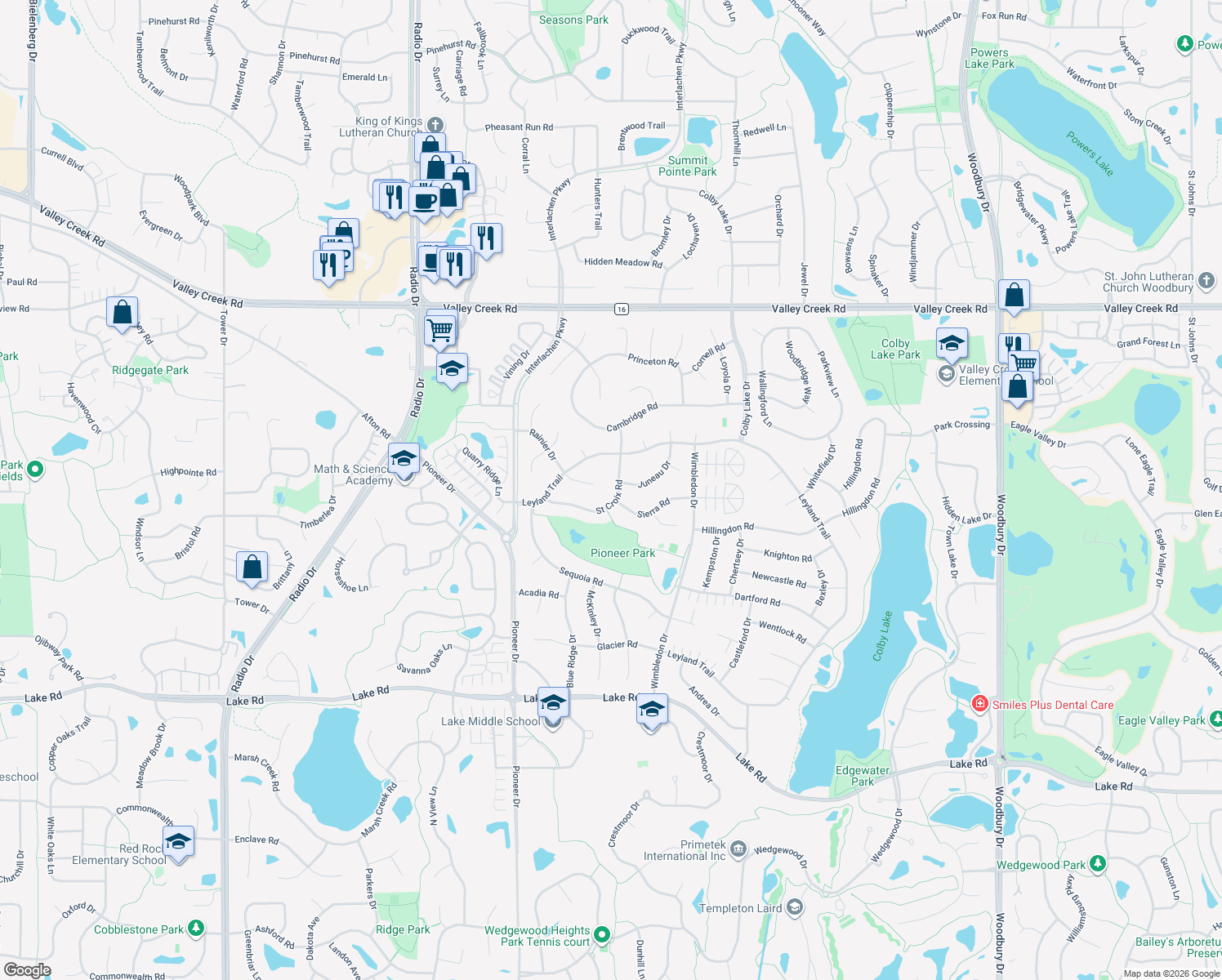 map of restaurants, bars, coffee shops, grocery stores, and more near 8944 Saint Croix Road in Woodbury