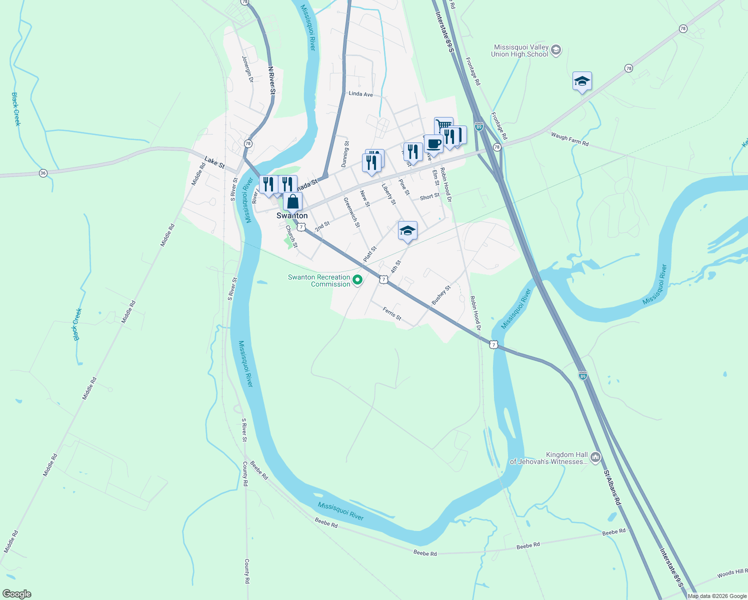 map of restaurants, bars, coffee shops, grocery stores, and more near 13 Laroe Street in Swanton