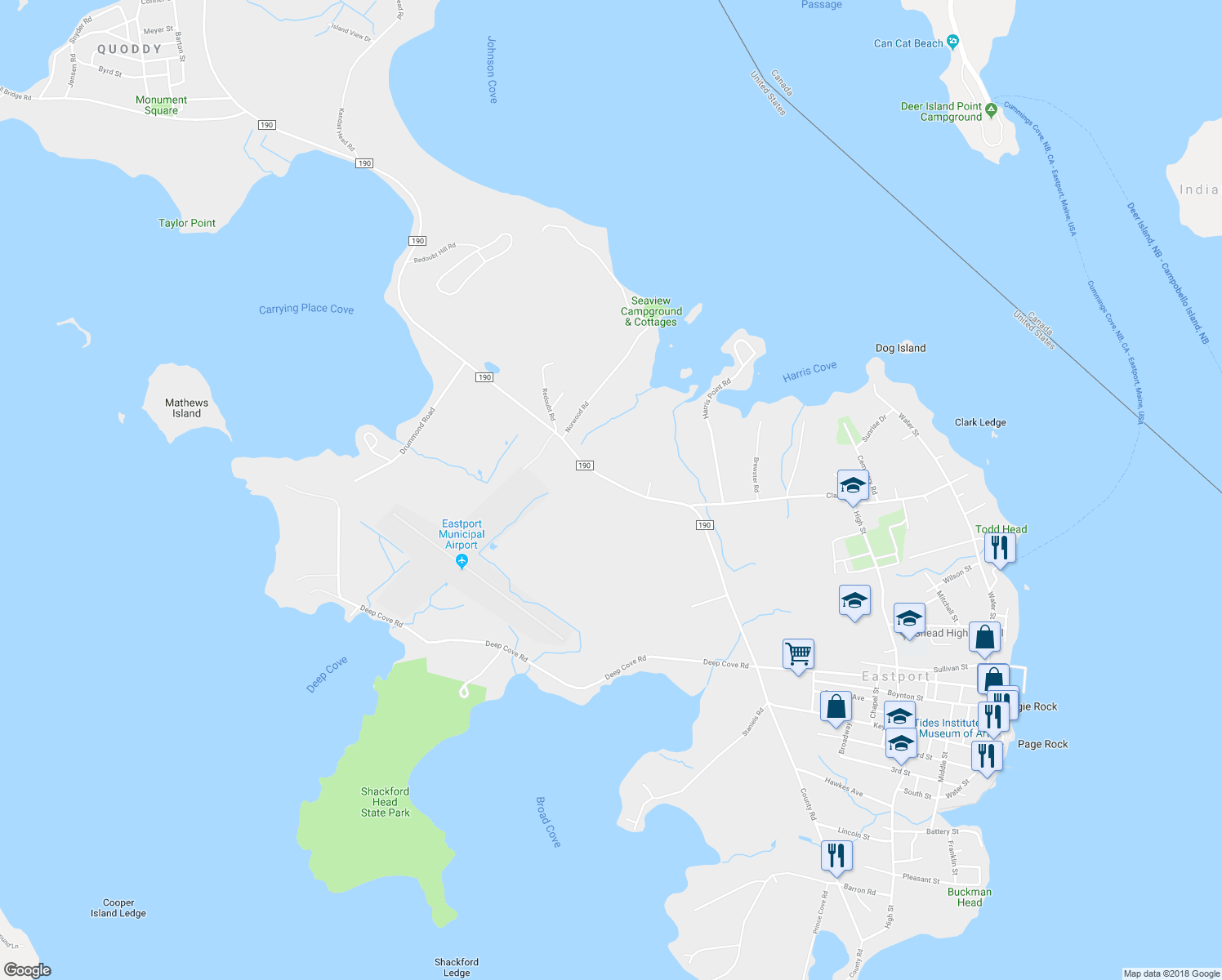 map of restaurants, bars, coffee shops, grocery stores, and more near 102 County Road in Eastport