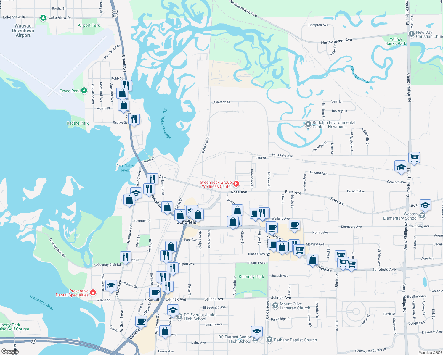 map of restaurants, bars, coffee shops, grocery stores, and more near 1070 Pine St in Schofield
