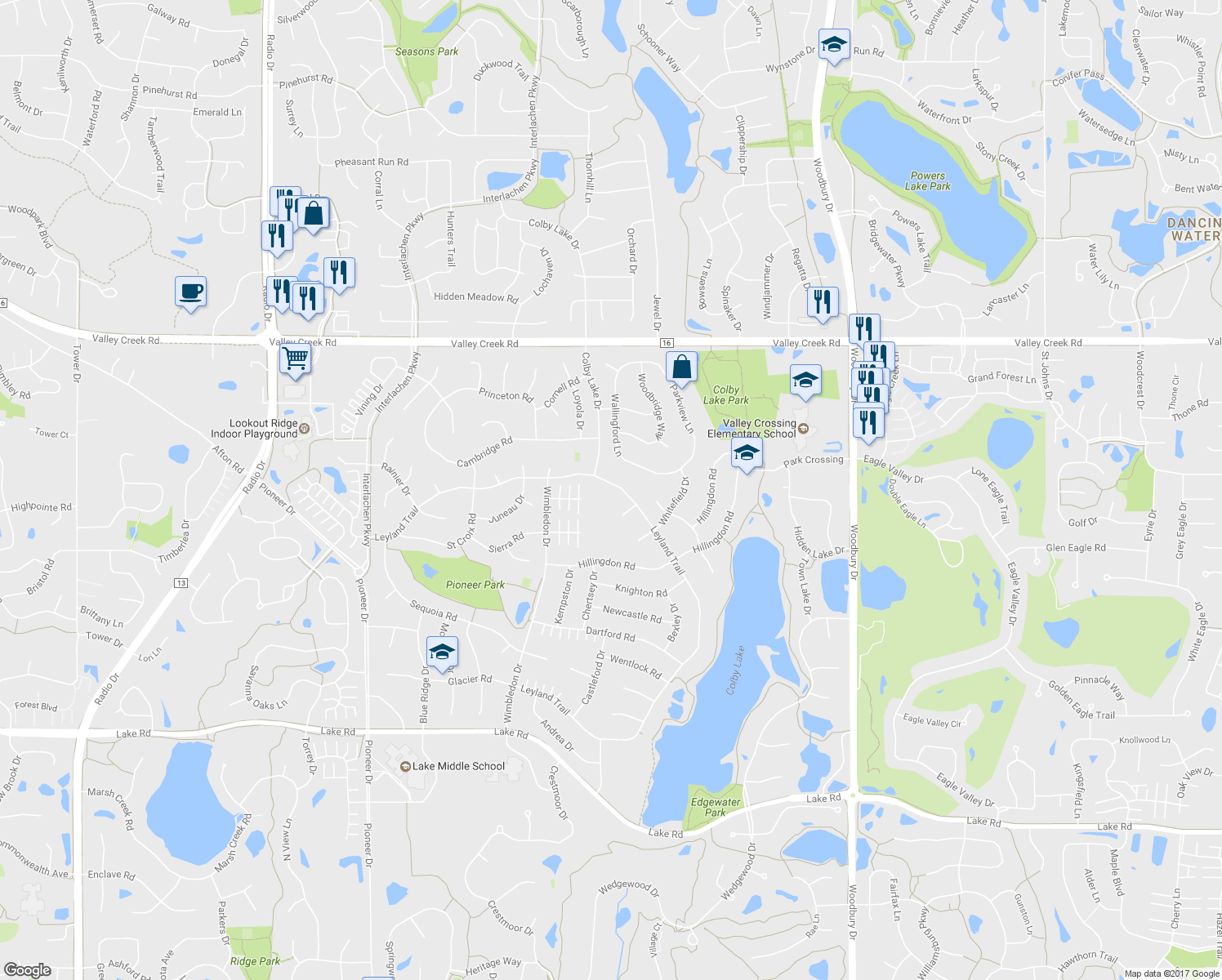 map of restaurants, bars, coffee shops, grocery stores, and more near 2416 Leyland Trail in Woodbury