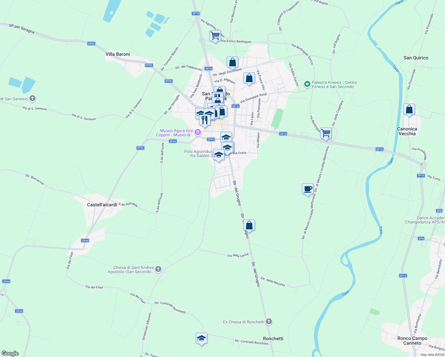 map of restaurants, bars, coffee shops, grocery stores, and more near 3 Via Don Leopoldo Buratti in Provincia di Parma