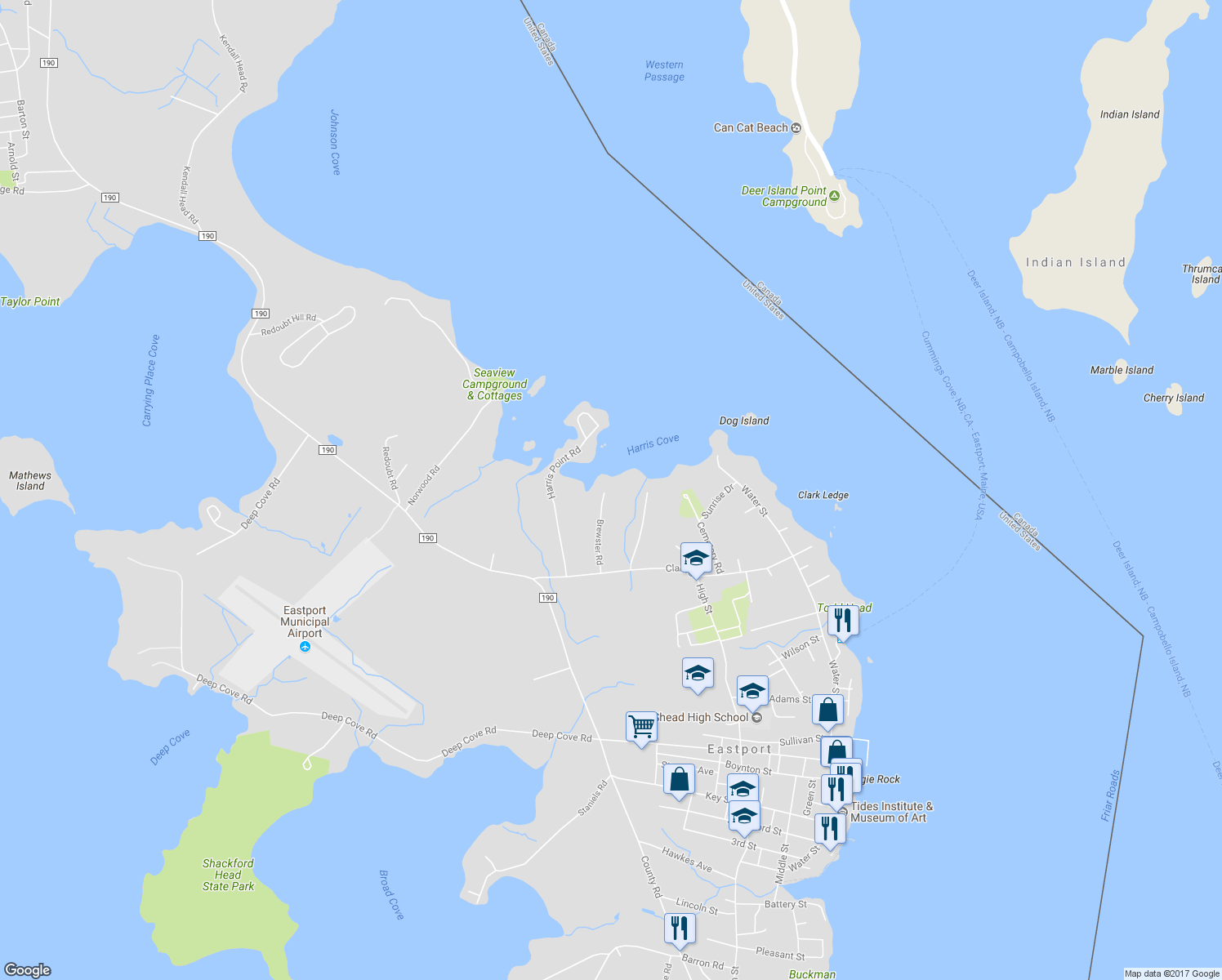 map of restaurants, bars, coffee shops, grocery stores, and more near 14 Brewster Road in Eastport