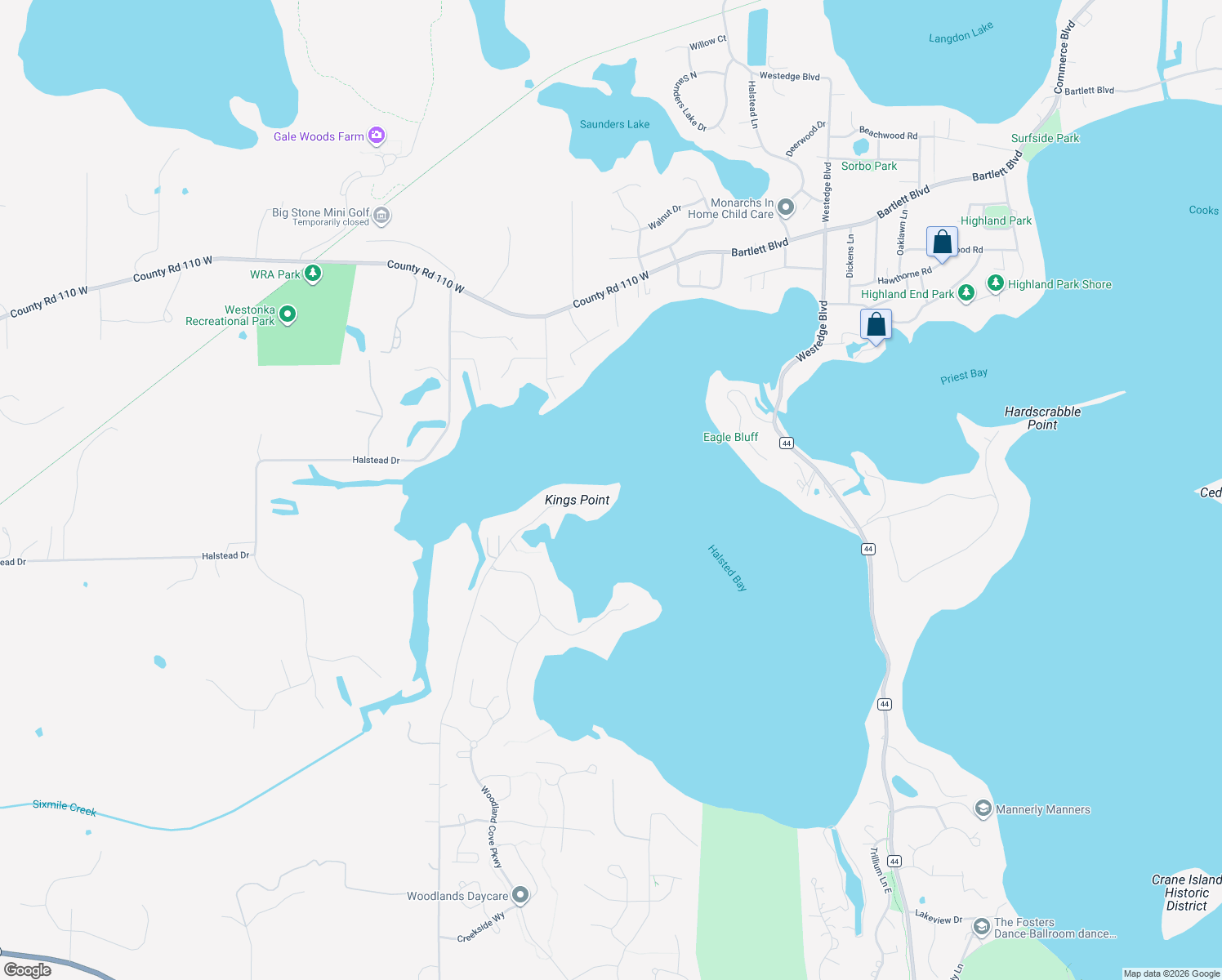 map of restaurants, bars, coffee shops, grocery stores, and more near 3396 Kings Point Road in Minnetrista